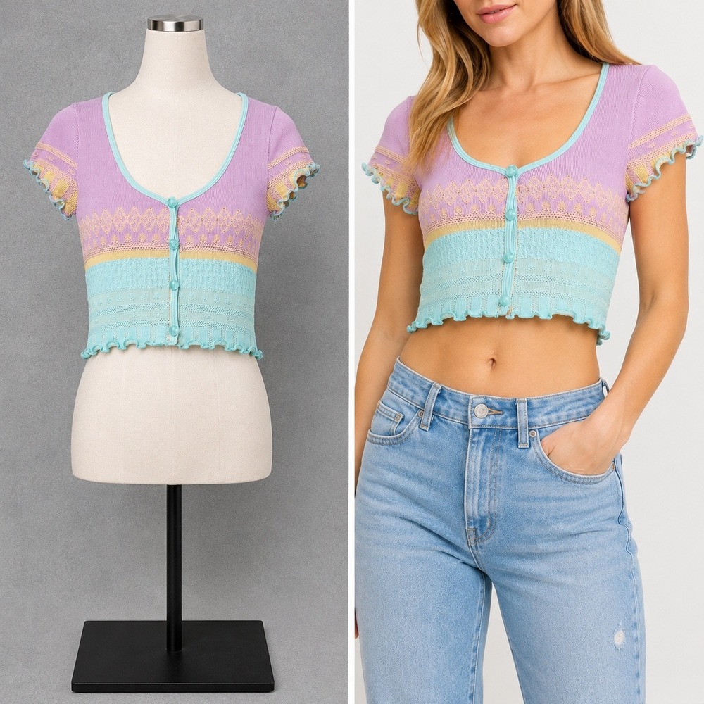 Anthropologie LyreBird Textured Seamless Crop Top L/XL Pastel Pink Colorblock